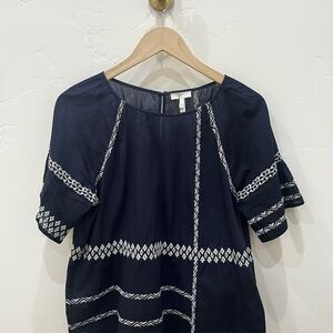 Joie Midnight Blue Blouse with White Embroidery